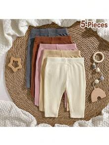 Loomiva 5件套新生儿男女宝宝纯色柔软弹力腰裤，适合外出、居家、休闲穿着，可爱又实用，可作礼物，适合一个月大的新生儿。 - 彩色 - 查看 8