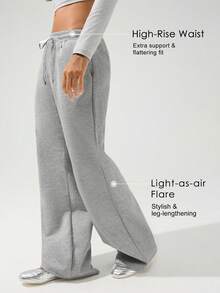 Menodora SHEIN Sport Women's Wide Leg Sporty Sweatpants, Soft Stretchy Fleece Fabric, Adjustable Printed Drawstring Waist, Deep Side Pockets, Relaxed Fit For Casual Comfort And Easy Movement - Grey - View 5