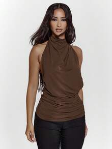 MUSERA Áo kiểu cổ cao xếp ly bất đối xứng hở lưng, gợi cảm, thích hợp đi chơi đêm, phong cách đường phố thanh lịch, lễ tình nhân, mùa xuân hè, ngày lễ. - Màu nâu Sô-cô-la - Xem 5