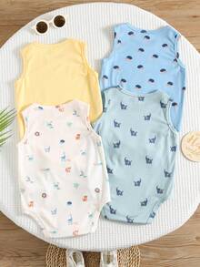 SHEIN 4件套新生儿休闲针织卡通恐龙印花无袖连体衣套装，适合春夏新生儿穿着，婴儿夏季套装，男婴背心套装，夏季婴儿服装 - 彩色 - 查看 2