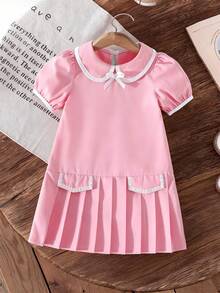 Elladie kids Young Girls Dress, Collegiate Style, Versatile, Petite Collar Design In Pink & White, Classic & Elegant, Ribbon & Bow Decor For Cute & Playful Look, Pleated Hem, Suitable For School, Events, And Everyday Wear - Pink - View 5