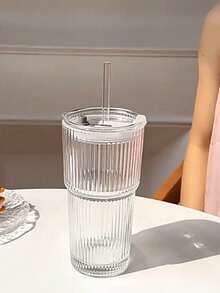 1个条纹玻璃杯，带吸管和盖子 - 20.29盎司/600毫升，外观精美的玻璃饮水杯，适用于咖啡、茶、牛奶、冰美式咖啡和拿铁等饮品。 - 透明 - 查看 11