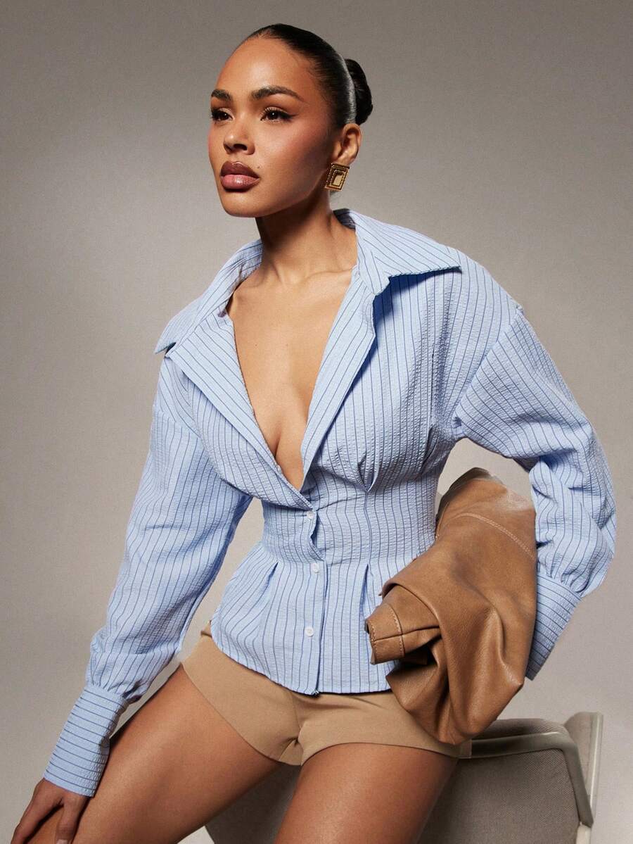 Hauture Áo sơ mi kẻ sọc cài nút phía trước, thắt eo đơn giản dành cho nữ, mùa thu - Màu xanh lam - Xem 1