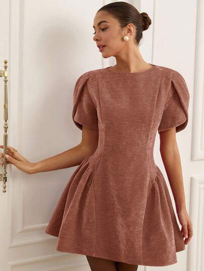 Revavyn Tulip 3D Graphic Short Sleeve Round Neck Peplum Hem Mini Princess Dress For Women