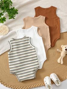SHEIN 4件套新生男宝宝休闲可爱针织条纹卡其色无袖连体衣套装 - 彩色 - 查看 2