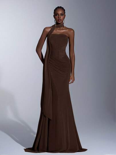 Elitara Elegant Chiffon Fabric Green Strapless Shaping Mermaid Low Waist Pleated Side Draped Flounce Dress (Detachable, Multi-Way Wear) Suitable For Dates, Vacations, Weddings, Shopping, Daily Activities, Bridesmaid Dress