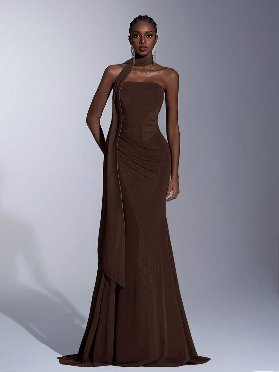 Elitara 优雅雪纺面料绿色无肩带修身鱼尾低腰褶皱侧边垂褶荷叶边连衣裙（可拆卸，多穿法）适合约会、度假、婚礼、购物、日常活动、伴娘礼服 - 咖啡棕 - 查看 1