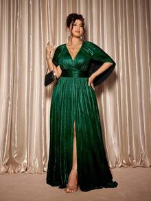 Cravure Váy dạ hội dài trang trọng cỡ lớn dành cho nữ, váy xẻ tà phía trước, váy choàng cổ chữ V màu vàng sáng bóng, váy vải kim loại cỡ lớn có cổ áo choàng và eo thắt, sang trọng và thon gọn, thanh lịch và quyến rũ - màu xanh lá - Xem 4