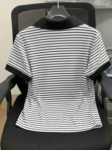 Resyla Striped Digital Print Fashionable & Minimalist Women's Polo Neck T-Shirt, Gift For Friends - White - View 2