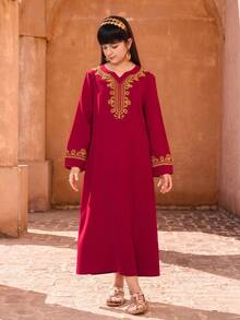 Sparklyn 1 pieza Vestido casual de manga larga y cuello redondo oversize para niñas, primavera - Burdeos - Ver 4