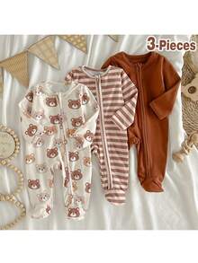 Loomiva Newborn Baby Boy 3 Packs Bear & Striped Pattern Round Neck Long Sleeve Zip Front Soft & Cozy Footie Jumpsuits - Multicolor - View 1