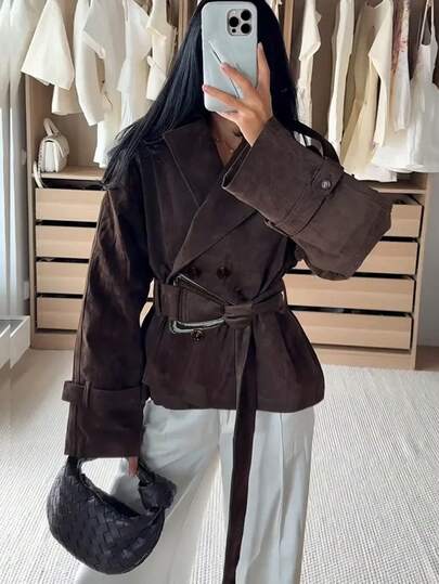 Siren Gaze Women's Brown Suede Short Windbreaker Jacket With Belt, Notched Lapel, Tie-Up, Retro Chic Outerwear, Autumn/Winter High Street Style, Women's Winter Jackets, Winter Coats For Women , New Year, Casual Blazers For Women , Casual Women Outfits