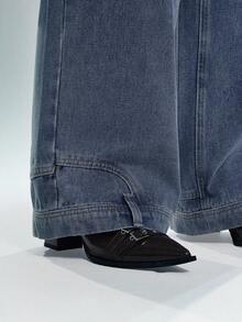 TRNVIE Calça jeans feminina de cintura baixa, corte reto, folgada, casual e versátil. - Azul - Ver 7