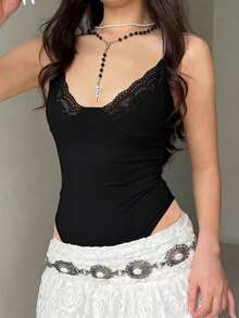 INAWLY Bộ đồ liền thân không tay xếp nếp ren chắp vá màu trơn cho nữ - màu đen - Xem 4