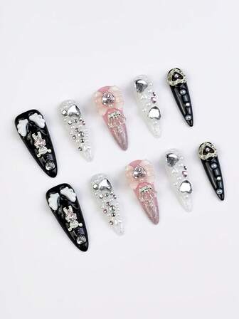 Anime 10 piezas de pegatinas de arte de uñas con corazones, estrellas, lazos y alas en estilo Y2K con cinta