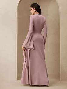 Graceveil 优雅女士纯色荷叶边下摆休闲简约长袖收腰连衣裙，粉色 - 粉色 - 查看 6