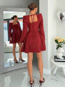 Siren Gaze 女士新年纯红色迷你A字褶边连衣裙，方领设计，性感优雅，收腰长袖修身连衣裙，适合圣诞节、约会之夜等场合。女士优雅粗花呢格纹方领泡泡袖收腰迷你连衣裙，圣诞节服装，圣诞礼服，圣诞派对礼服，新年礼服，女士新年夜礼服，派对礼服，圣诞派对红色连衣裙，闪亮连衣裙，女士红色连衣裙 - 櫻桃紅 - 查看 5