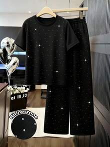 GlowEve CURVE Regalyn 大码女装时尚水钻装饰短袖T恤和高腰抽绳宽松直筒运动裤两件套，秋季面料 - 黑色 - 查看 1