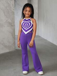 SHEIN Conjunto de top de tirantes de cuello de halter de punto básico informal y pantalones acampanados de unicolor para niñas preadolescentes