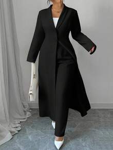 SHEIN Tall CURVE Elenzga 2pcs/Set Plus Size Women Solid Color Button Collar Long Jacket And Pants Suit - Black - View 7