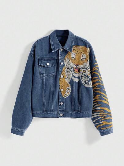 ROMWE Avant Giacca di jeans vintage stile strada con stampa tigre cinese e ricamo 3D, unisex