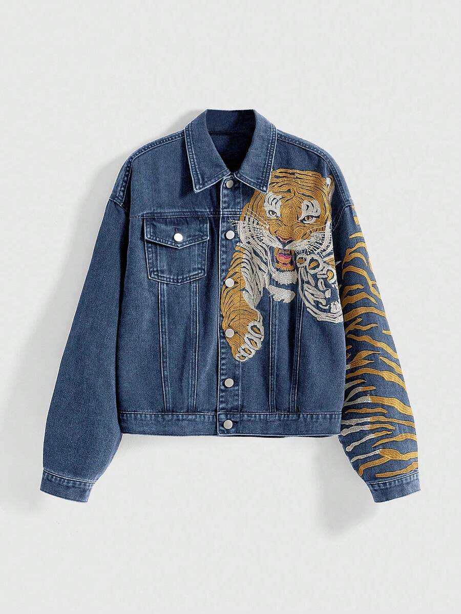 ROMWE Avant Áo khoác denim thêu 3D họa tiết hổ Trung Hoa phong cách đường phố cổ điển, dành cho cả nam và nữ - Rửa tối - Xem 1