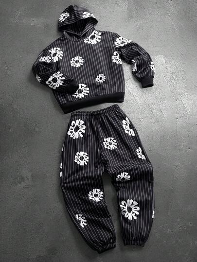 PAVTROS 男士字母条纹长袖连帽衫和运动裤休闲套装