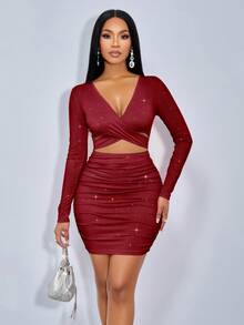 SOLERSUN Women's Solid Color Cross Wrap Hollow Shoulder Fitted Bodycon Long Sleeve Dress Fall Cloth For Women - Burgundy - View 3