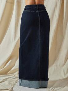 Vixey High Waist Cuffed Hem Button Up Maxi Denim Skirt With Stretch - Dark Wash - View 5