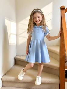 SHEIN Elladie kids Young Girl Collegiate Style Polo Collar Heart Print Short Sleeve Dress, Suitable For Back To School Season And Everyday Wear, Summer - Baby Blue - View 8