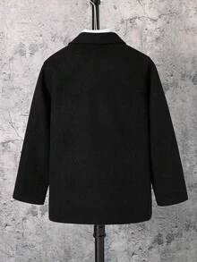 SHEIN 1 Piece Tween Boy Casual Sports College Literary Retro Double-Breasted Medium-Length Black Woolen Coat With Solid Color Buttons And Suit Collar Suitable For Kids Outfits Toddler Boy Clothes Back To School Boys Set Suitable For Birthday Parties, Evening Parties, Performances, Weddings, Baptisms, Opening Ceremonies Daily Suitable For Daily Use Suitable For School Suitable For Travel Suitable For Sports Suitable For Autumn And Winter Coats - Black - View 3