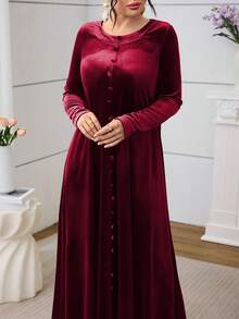 SHEIN Najma 女士阿拉伯风格连衣裙，前扣系带腰身长袖喇叭下摆 - 酒紅色 - 查看 5