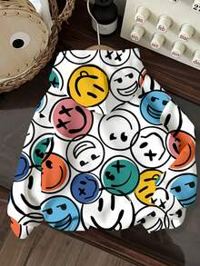 SHEIN 男婴休闲简约卡通笑脸图案宽松柔软针织连帽运动衫，适合秋冬季 - 彩色 - 查看 2