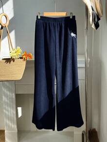 SHEIN EZwear 藏蓝色加大码刺绣灯芯绒休闲裤，带口袋，秋冬款 - 藏蓝色 - 查看 3