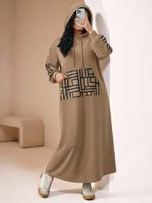 Veilorie Váy nỉ trùm đầu tay dài họa tiết hình học cỡ lớn cho nữ - Màu Khaki - Xem 6