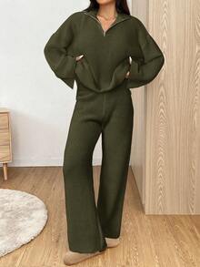 SHEIN EZwear Bộ đồ thường ngày cho nữ, áo len dài tay trễ vai màu trơn có khóa kéo nửa và quần dệt kim, thu/đông - Màu xanh Ô liu - Xem 4