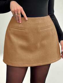 Auralis Váy mini thời trang thu đông cỡ lớn thanh lịch thoải mái cơ bản đa năng hàng ngày có lót quần short, mùa đông, trang phục công sở, phong cách văn phòng - Màu Khaki - Xem 4