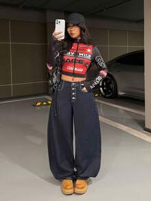 StreetHx 街头风女式赛车运动字母印花长袖衬衫 - 黑色 - 查看 3