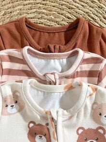 Loomiva Newborn Baby Boy 3 Packs Bear & Striped Pattern Round Neck Long Sleeve Zip Front Soft & Cozy Footie Jumpsuits - Multicolor - View 4