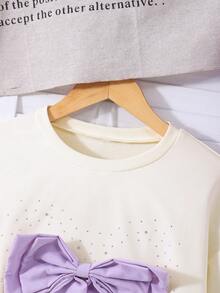 SHEIN 少女3D蝴蝶结装饰水钻长袖卫衣和蛋糕裙套装，适合日常休闲穿着和学生装扮。 - 紫色 - 查看 3