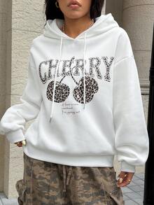 SHEIN EZwear Casual Minimalist Leopard Print Cherry Pattern Loose Fit Pullover Hoodie Sweatshirt For Women, Autumn/Winter,Long Sleeve Tops Back To School Fall And Winter Clothing