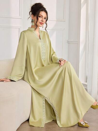 Al Najma Women's Elegant Embroidered Stand Collar Satin Long Sleeve Maxi Abaya Dress Kaftan Jalabiya Dress