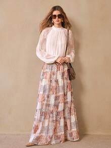 SHEIN Unity Women's Pearl Chiffon Skirt, A-Line Silhouette, High-Waisted Design With Ribbon Waist, Elegant Print, Perfect For Dates - Dusty Pink - View 2
