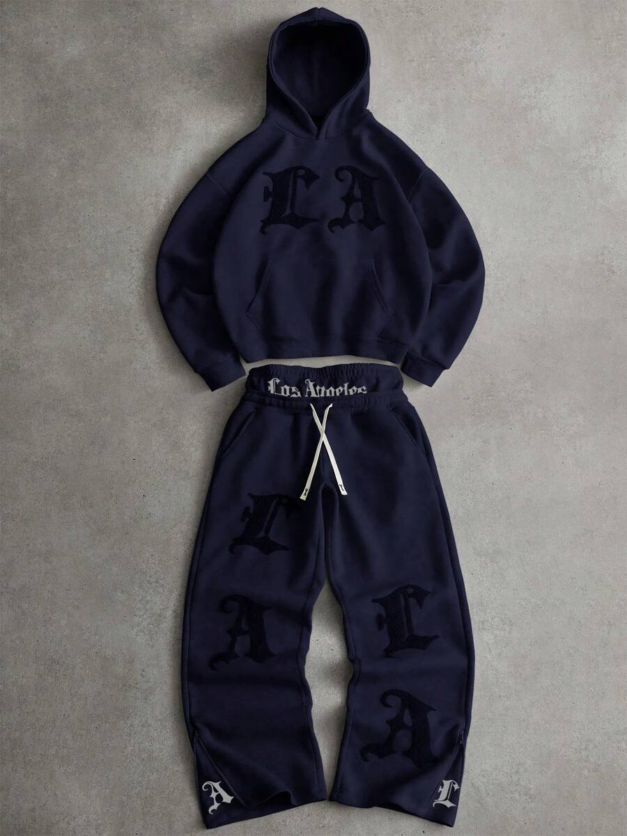 PAVTROS 男士街头风流行INS同款LA刺绣毛巾二合一双腰拉链裤，户外音乐节、夜店，送给男友/老公的礼物，周年纪念日，保暖内衬 - 藏蓝色 - 查看 1