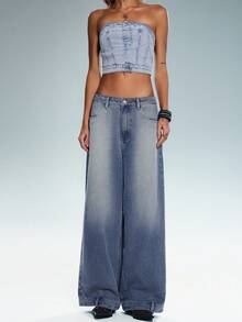 TRNVIE Calça jeans feminina de cintura baixa, corte reto, folgada, casual e versátil. - Azul - Ver 3