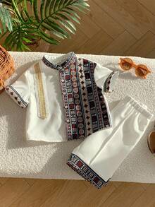 SHEIN 2pcs/Set Baby Boy White Summer Modest Party Wedding Guest Al-Adha Gold Ribbon Geometric Pattern Short Sleeve Shirt & Shorts Arab Dress Party Wear - Multicolor - View 5