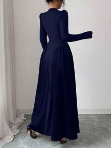 Modelyn Váy dài đính cườm màu đỏ rượu vang thanh lịch dành cho nữ, mùa đông - Xanh đậm - Xem 2