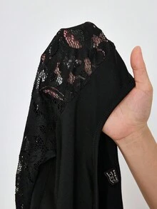 SHEIN Lady Women's Elegant 2 Pieces Set: V-Neck Contrast Lace Long Sleeve Top And Flare Pants Elegant 2 Piece Set 2 Piece Sets Woman Classy Black Jumpsuit Women Elegant Tall Two Piece Set Long Sleeve Elegant Dress - Black - View 9