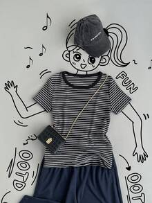 K-Vae 女士休闲圆领短袖条纹T恤 - 黑與白 - 查看 3