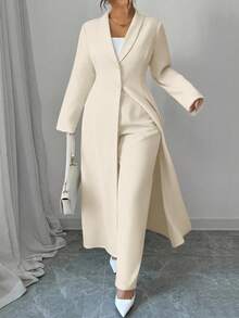 SHEIN Tall CURVE Elenzga 2件套加大码女式纯色纽扣领长夹克和长裤套装 - 杏色 - 查看 7